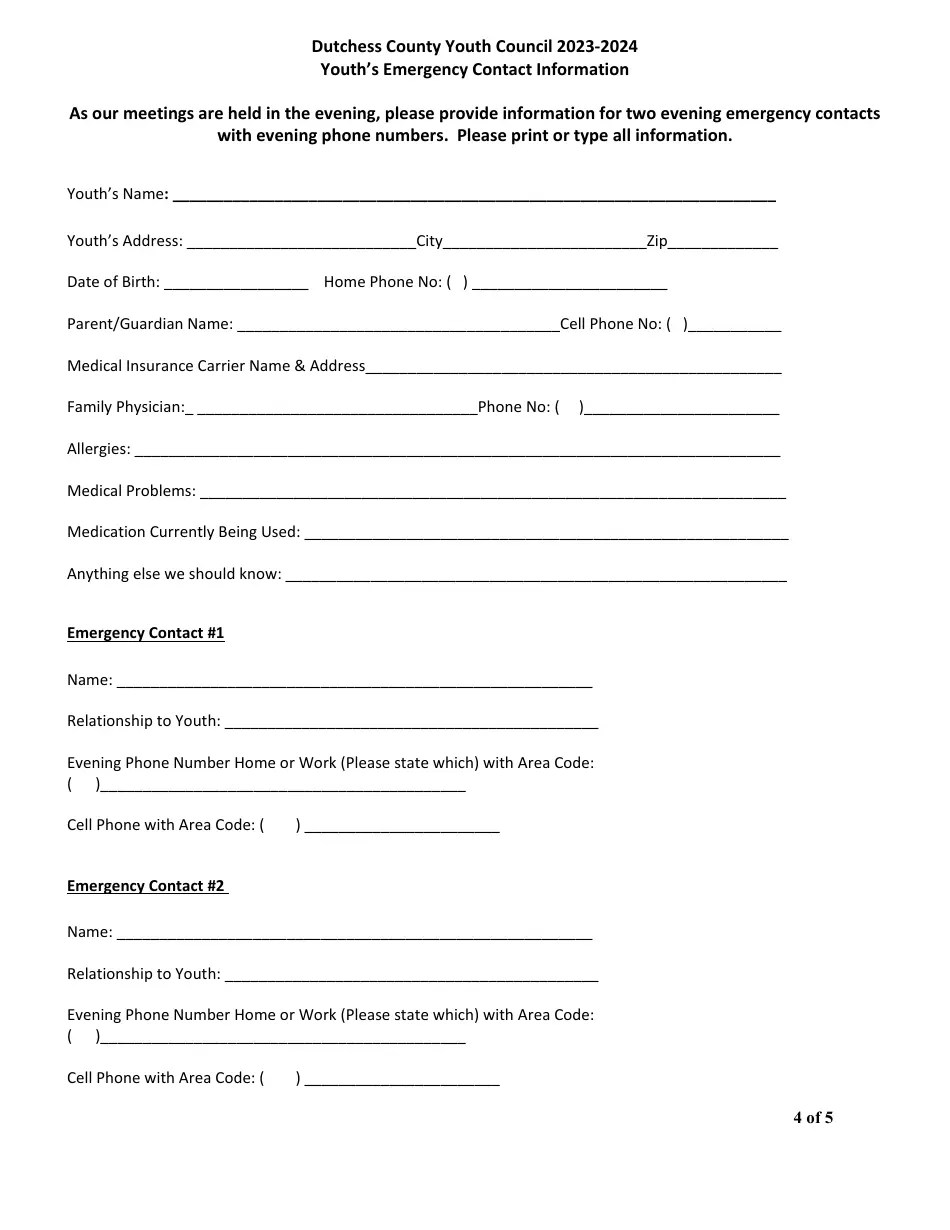 2024 County of Dutchess, New York Youth Council Application Fill Out