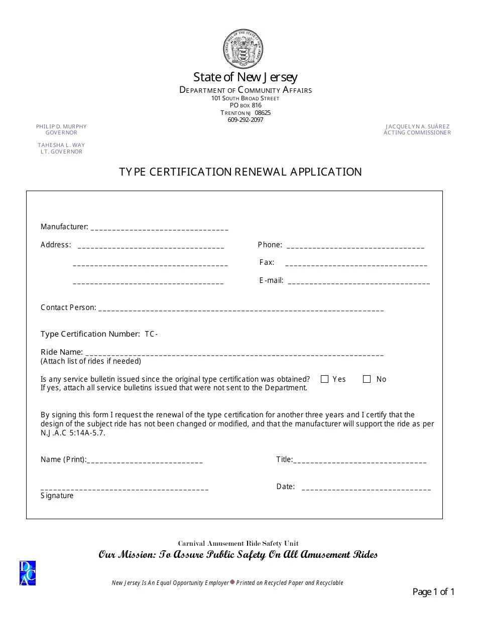 New Jersey Type Certification Renewal Application Fill Out, Sign