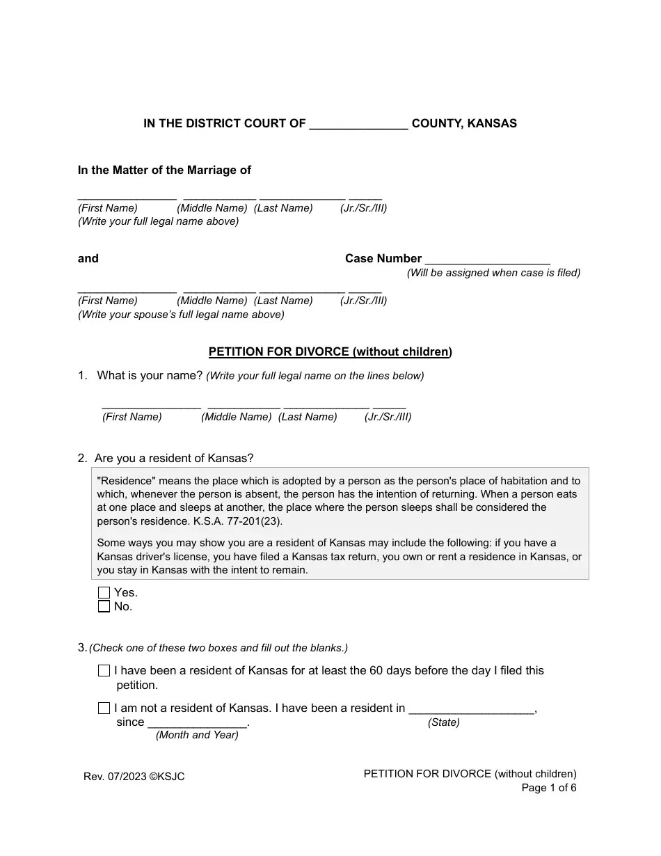 Kansas Petition for Divorce (Without Children) Download Fillable PDF