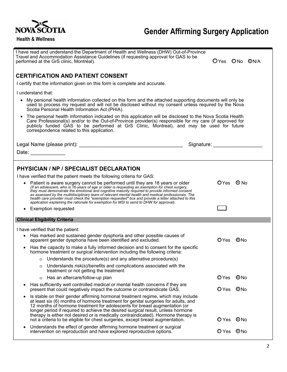 Nova Scotia Canada Gender Affirming Surgery Application Fill Out, Sign Online and Download PDF