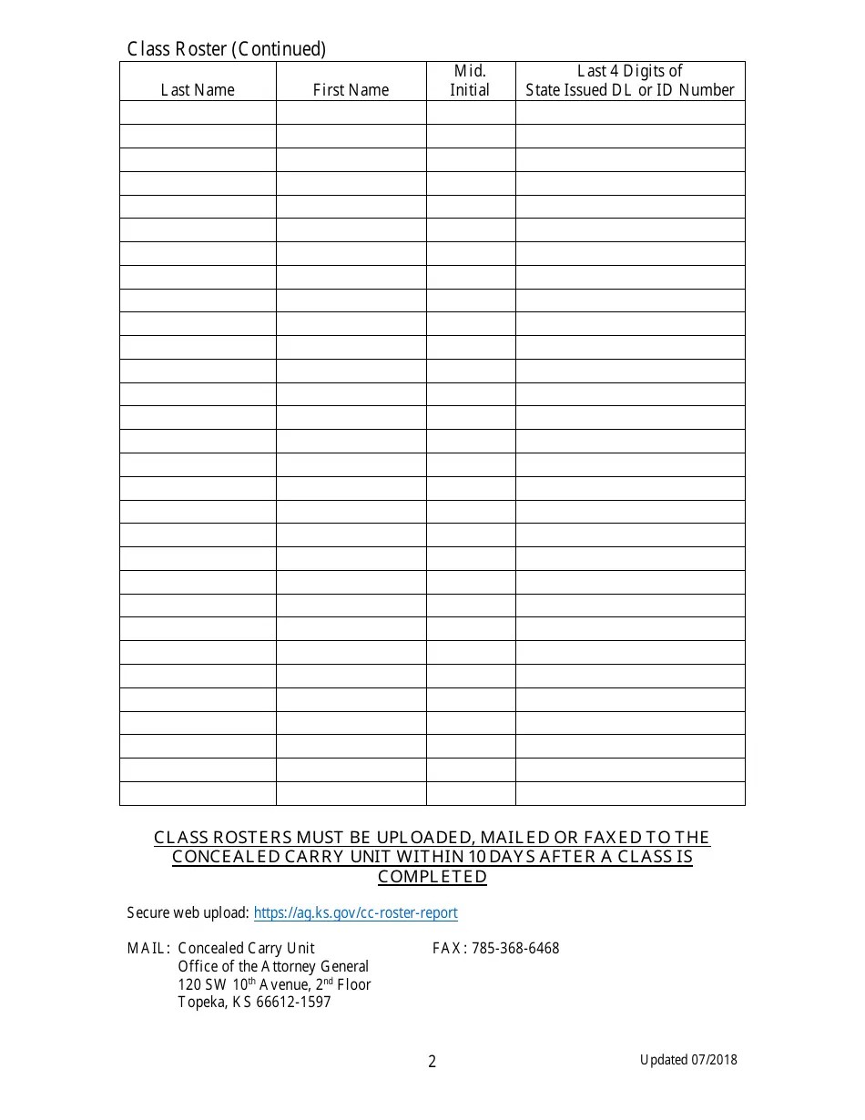 Kansas Concealed Carry Handgun Licensing Unit Class Roster Report