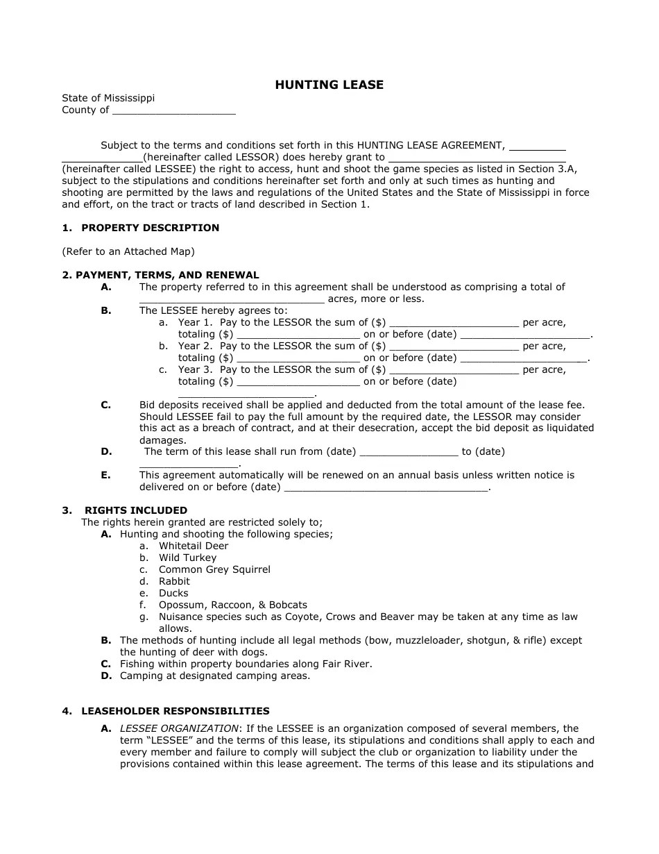 Mississippi Hunting Lease Form Fill Out, Sign Online and Download PDF