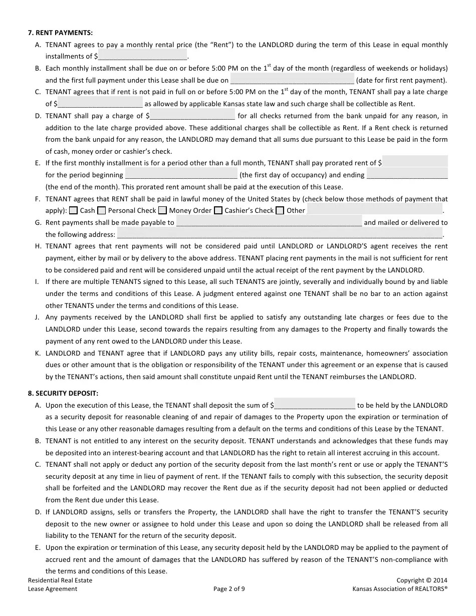 Kansas Residential Real Estate Lease Agreement Form Kansas Association of Realtors Fill Out