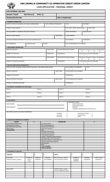Personal Credit Loan Application Form Uwi (Mona) & Community Co