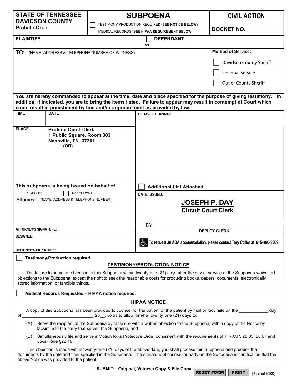 Davidson County, Tennessee Subpoena Fill Out, Sign Online and