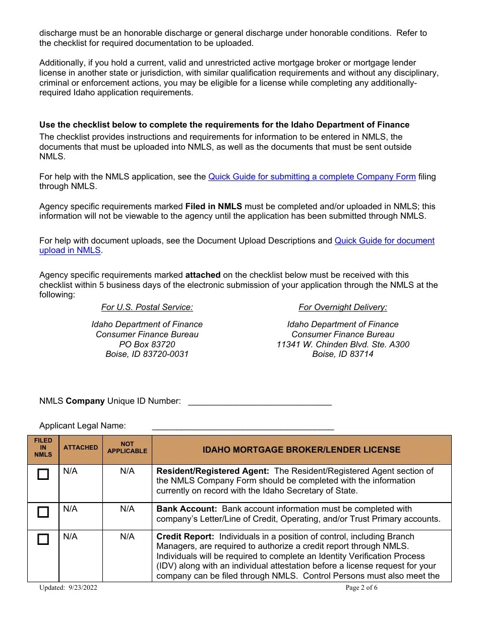 Idaho Idaho Mortgage Broker/Lender License Company New Application