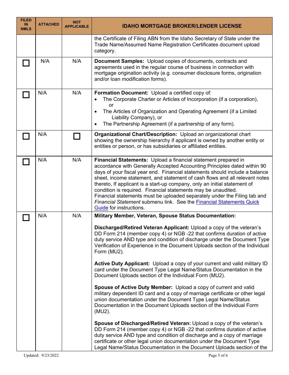 Idaho Idaho Mortgage Broker/Lender License Company New Application