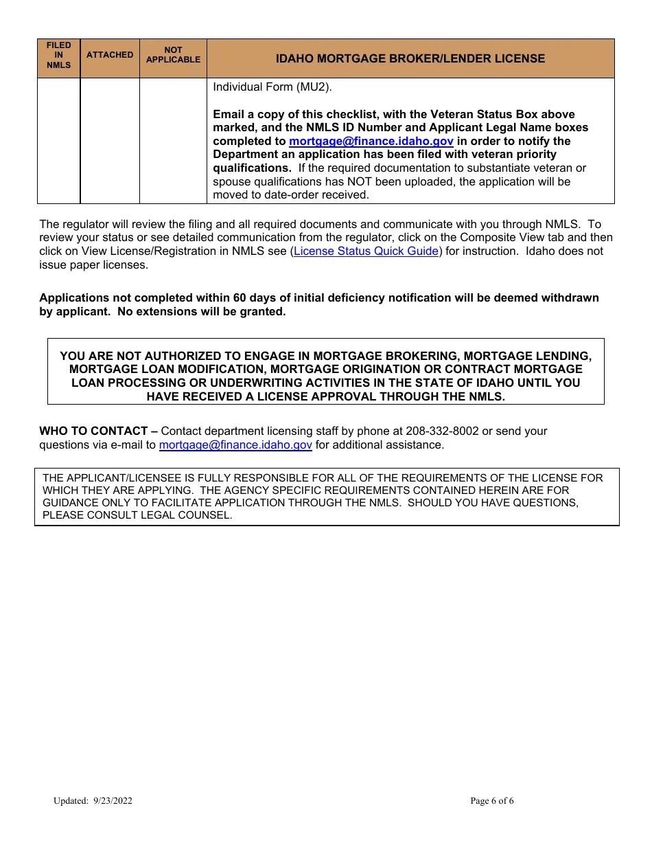 Idaho Idaho Mortgage Broker/Lender License Company New Application