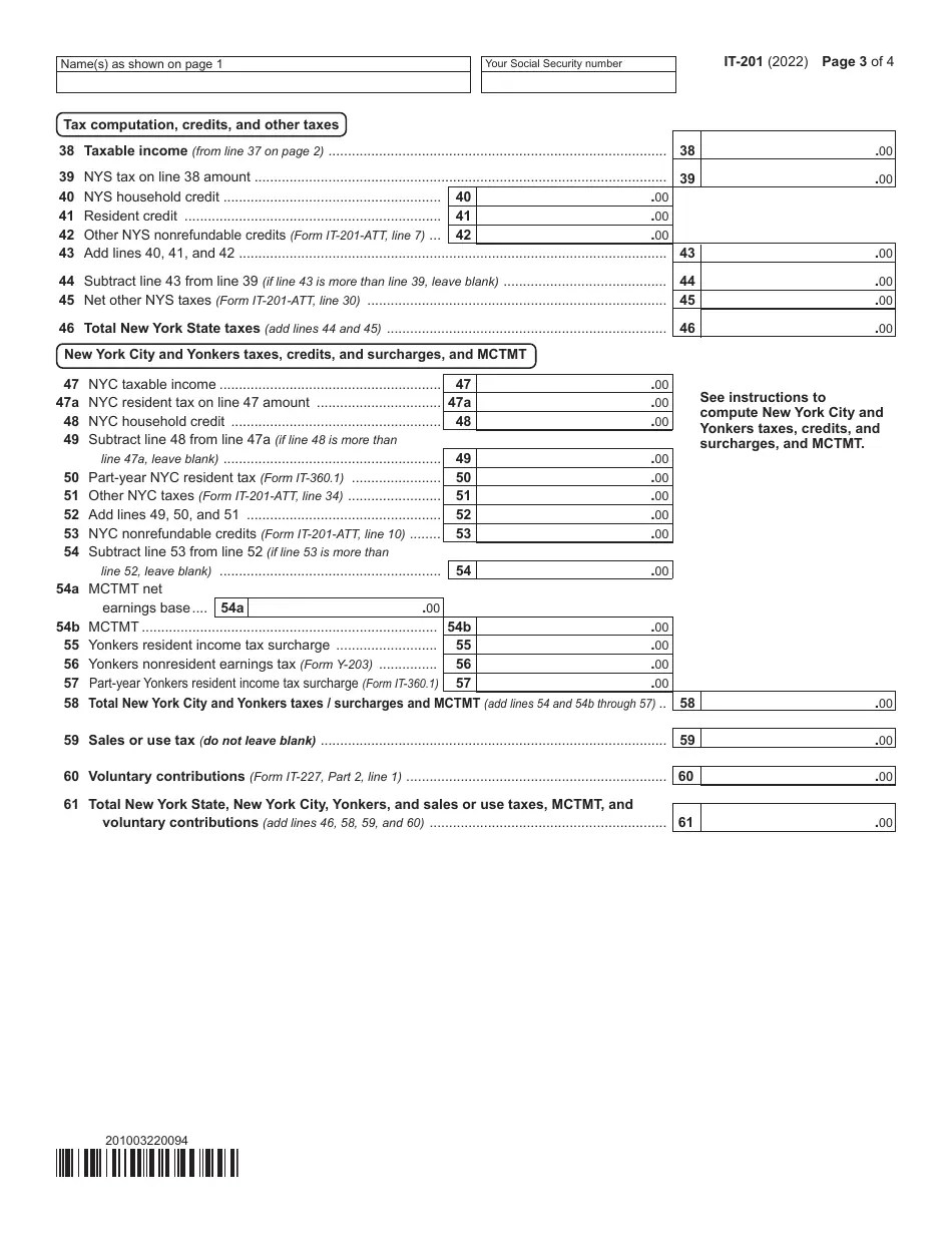 Form IT201 Download Fillable PDF or Fill Online Resident Tax(03)