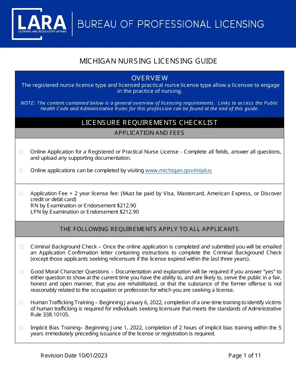 Michigan Michigan Nursing Licensing Guide Fill Out, Sign Online and