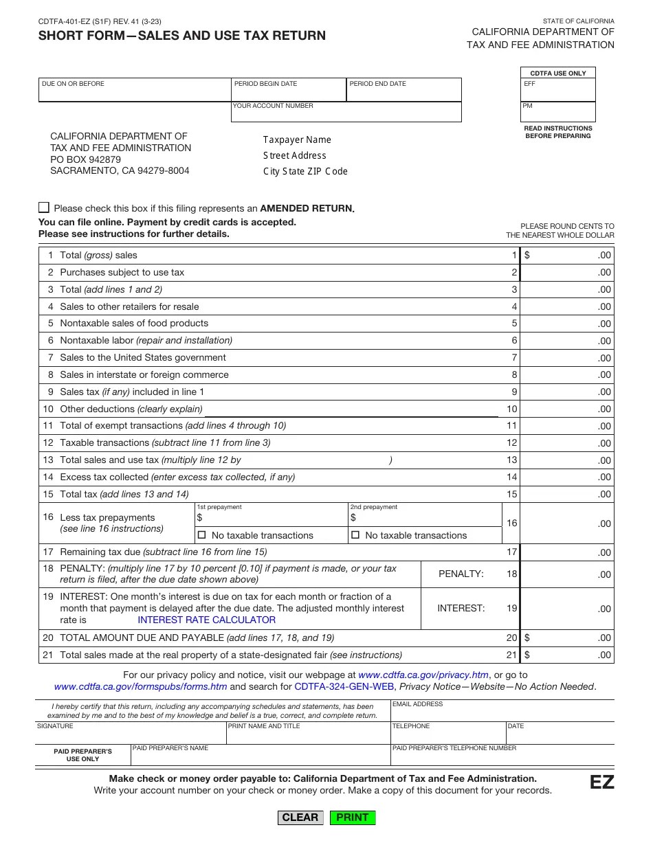 Form CDTFA401EZ Download Fillable PDF or Fill Online Short Form