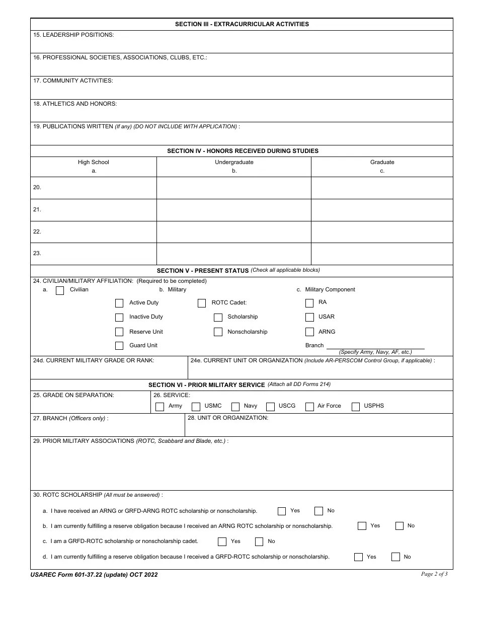 USAREC Form 60137.22 Download Fillable PDF or Fill Online Application
