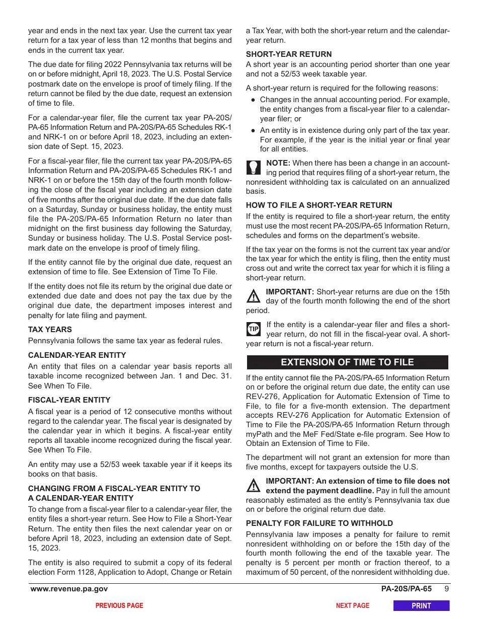 Form PA20S (PA65) Download Fillable PDF or Fill Online Pa S Corporation/Partnership