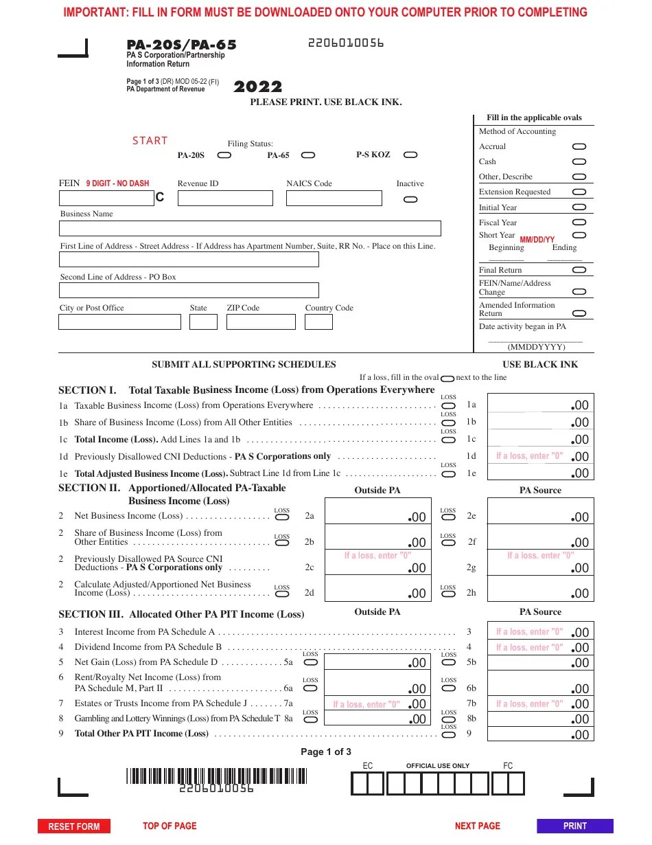 Form PA20S (PA65) Download Fillable PDF or Fill Online Pa S