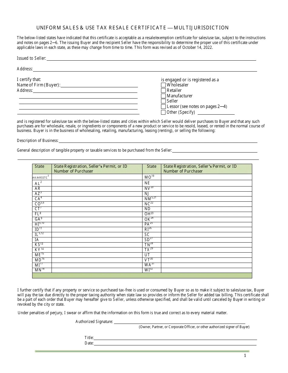 Uniform Sales & Use Tax Resale Certificate Multijurisdiction Fill