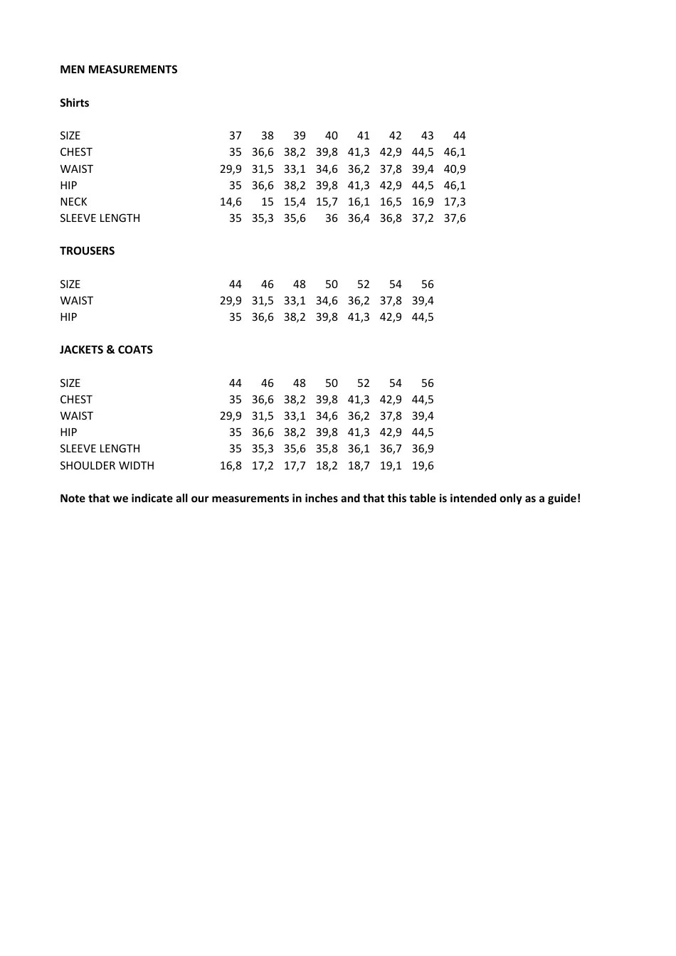 Clothing and Accessories Size Conversion Chart Download Printable PDF