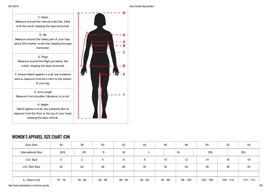 Alpine Footwear and Apparel Ski Size Chart Download Printable PDF