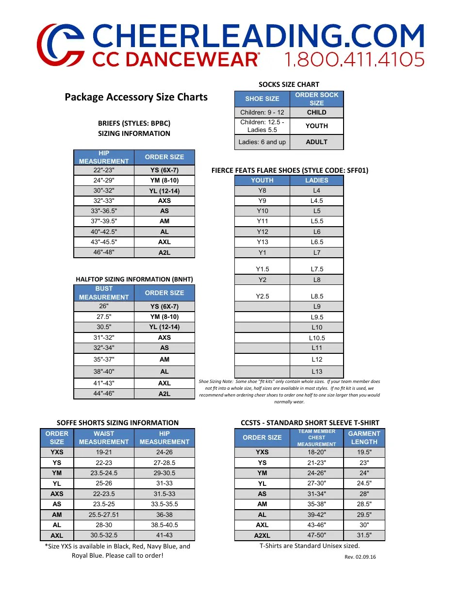 Cheerleading Accessory Size Charts Download Printable PDF Templateroller