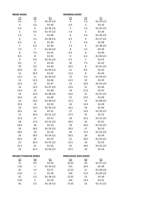 Shoe Size Conversion Table Download Printable PDF | Templateroller
