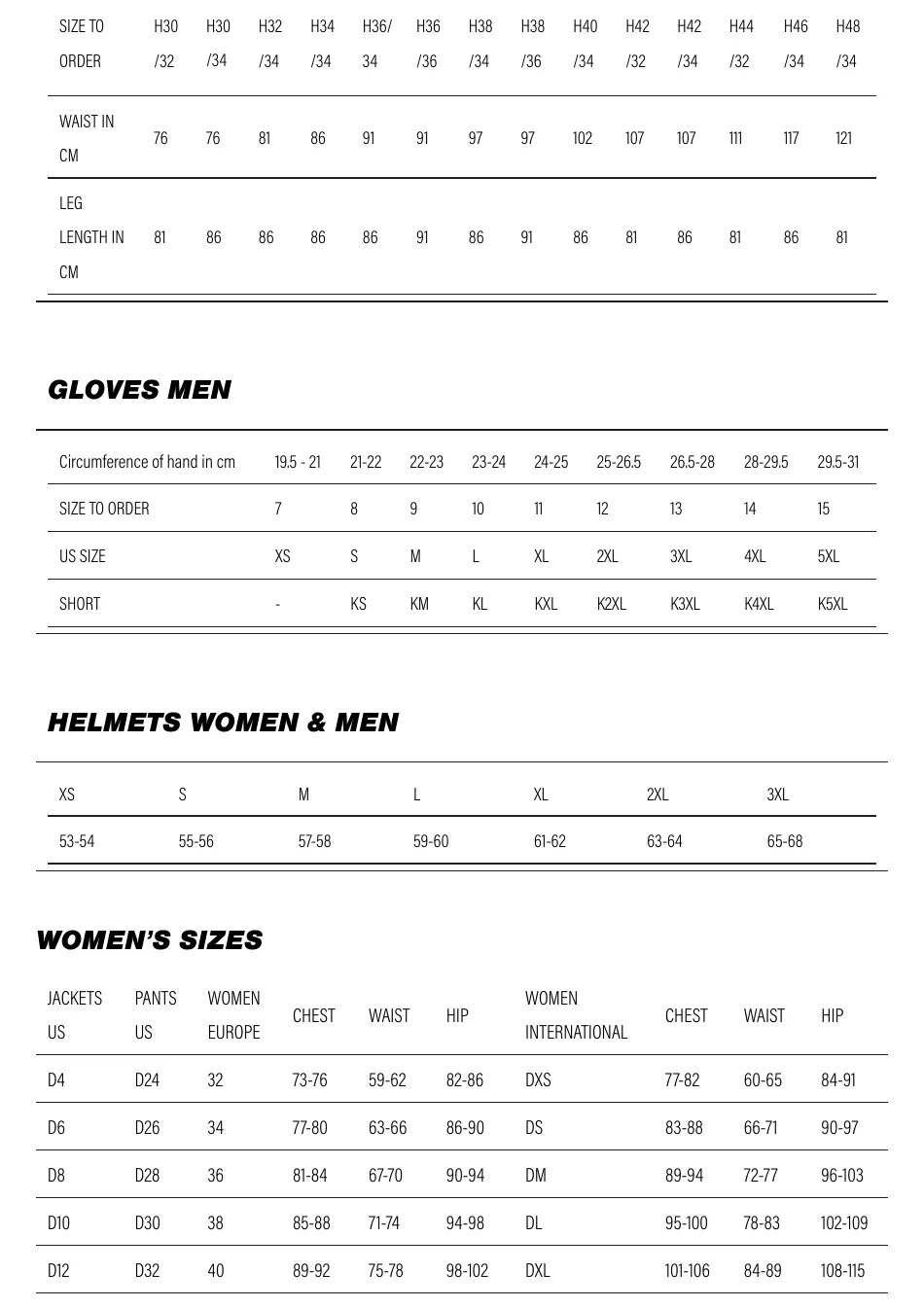 Motorcycle Gear Size Charts Download Printable PDF Templateroller