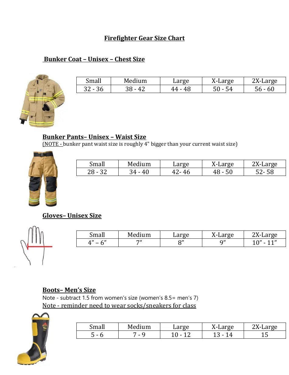 Firefighter Gear Size Chart Download Printable PDF Templateroller