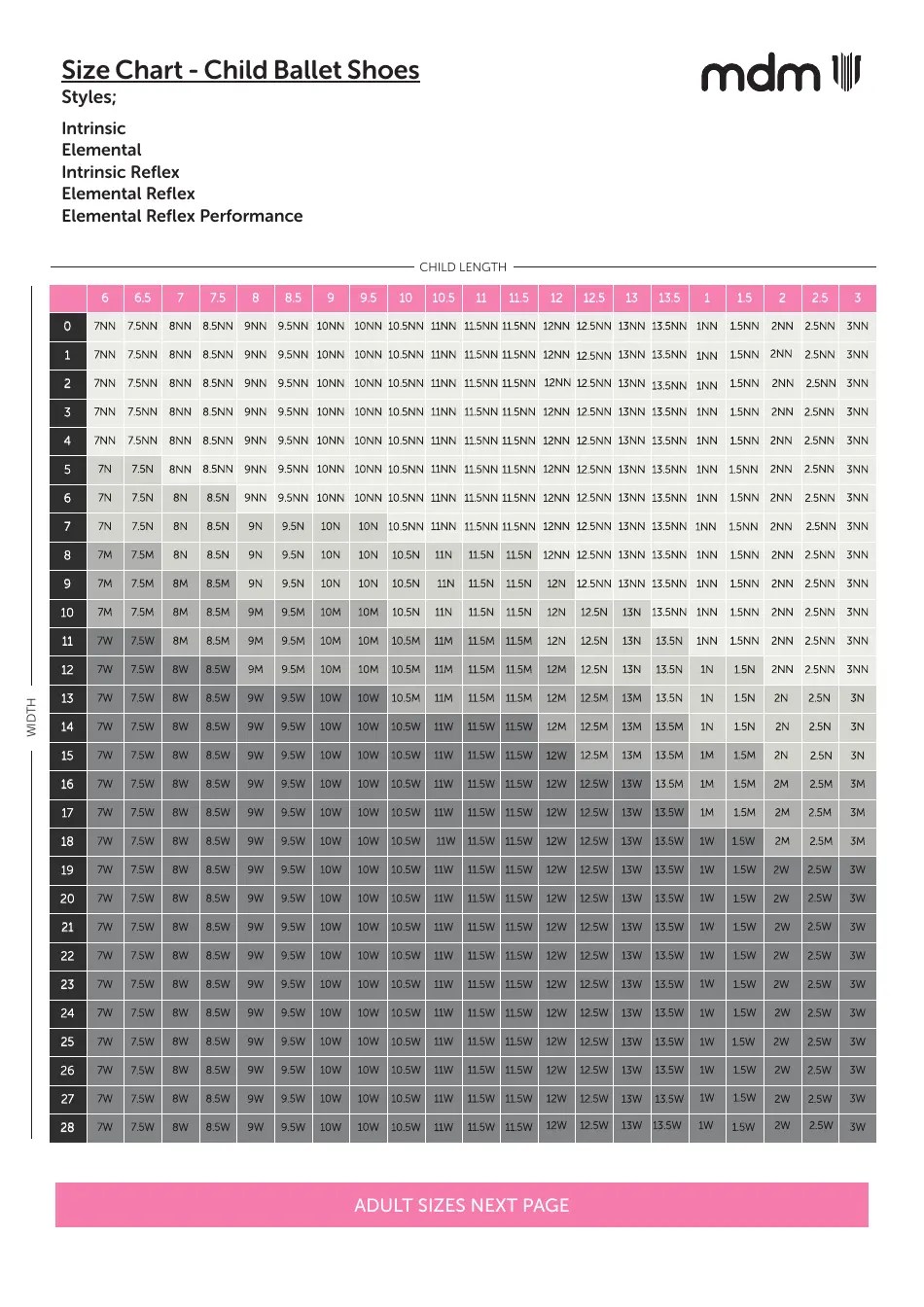 Child and Adult Ballet Shoes Size Chart Mdm Download Printable PDF Templateroller