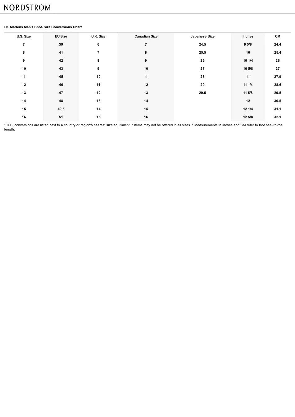 Men's Shoe Size Conversions Chart - Dr. Martens Download Printable PDF