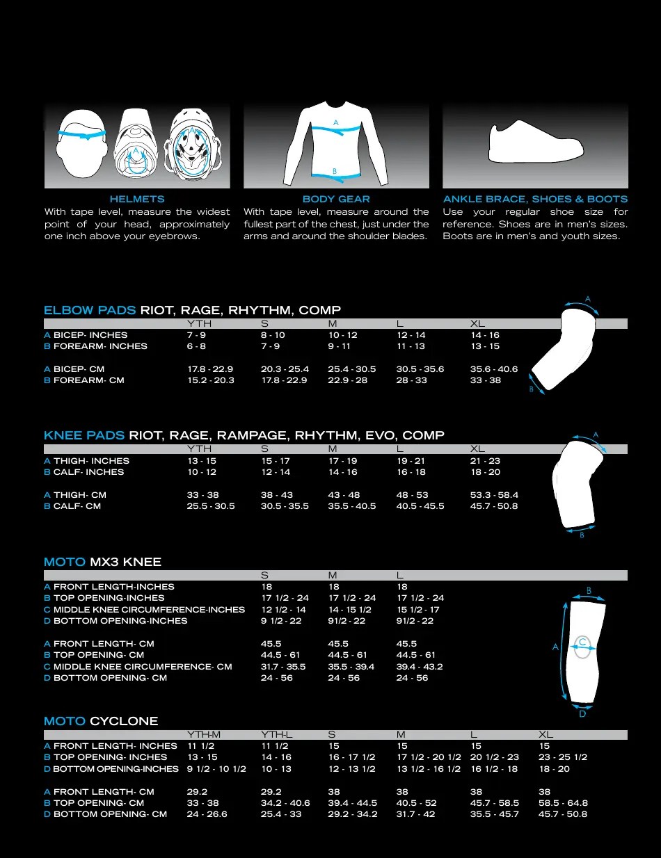 Motorcycle Clothing and Equipment Sizing Chart Download Printable PDF