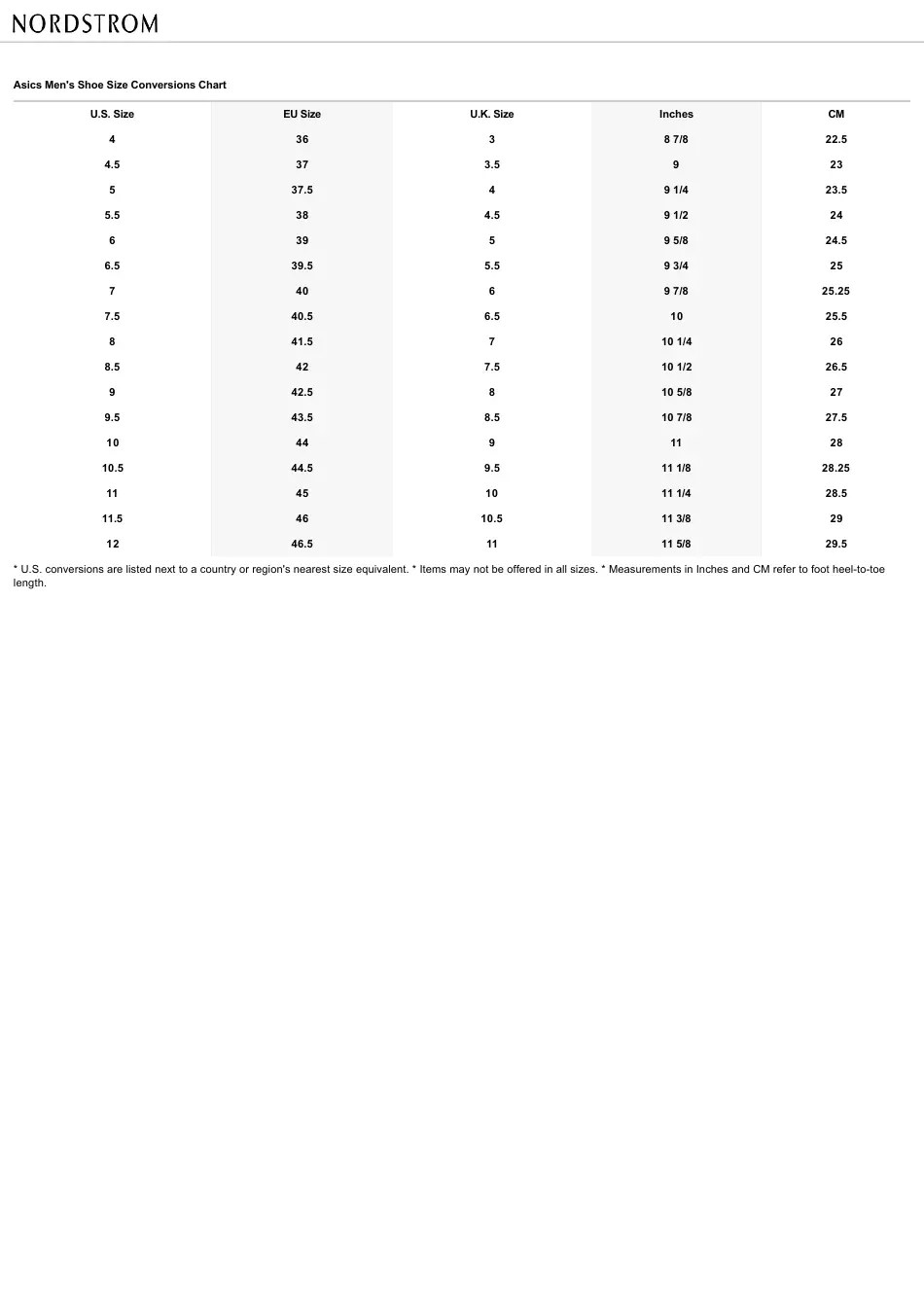 Men's Shoe Size Conversions Chart - Asics Download Printable PDF