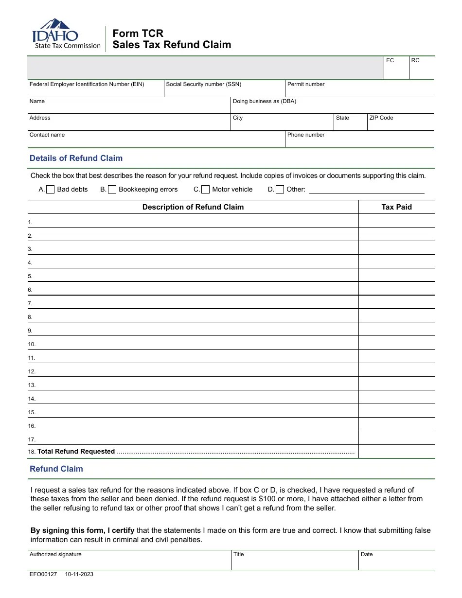 Form TCR (EFO00127) Download Fillable PDF or Fill Online Sales Tax