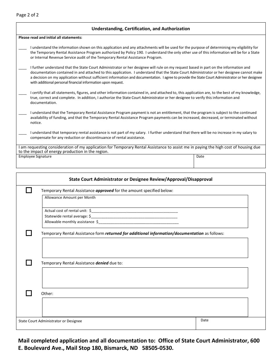 North Dakota Application for Temporary Rental Assistance Program Fill