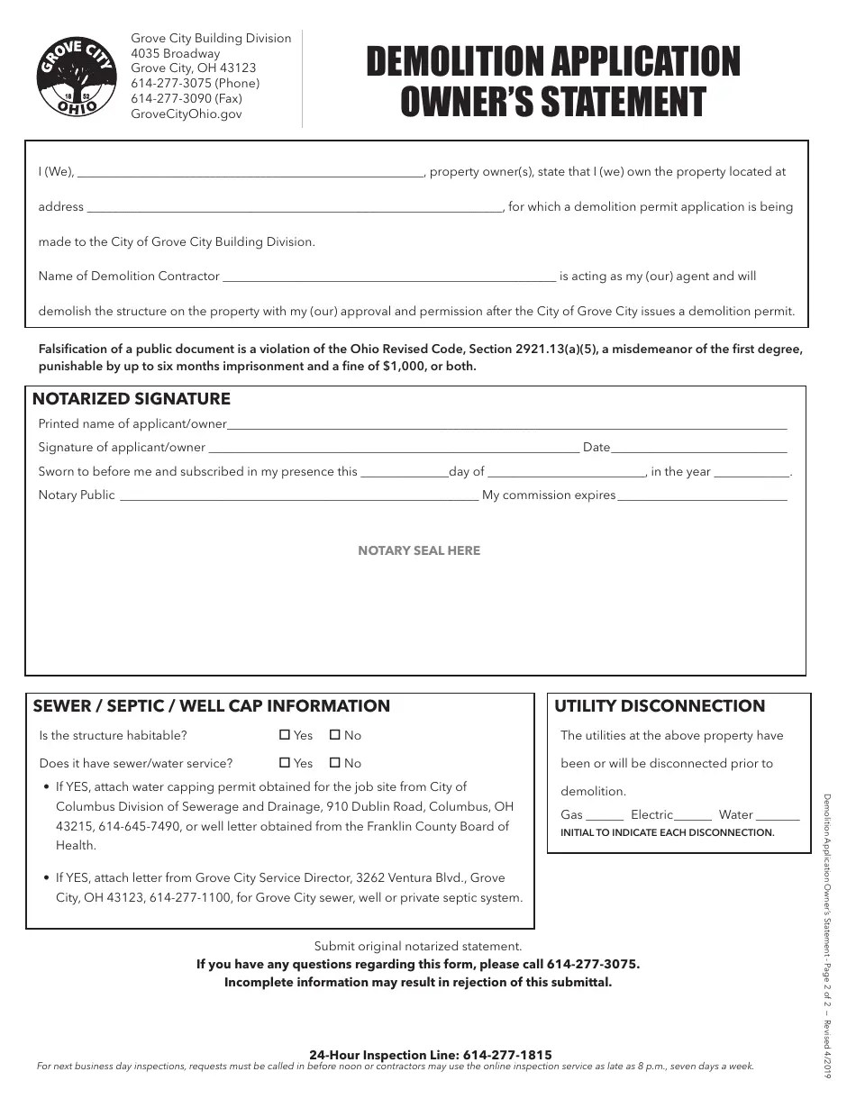 Grove City, Ohio Demolition Permit Application Commercial/Residential
