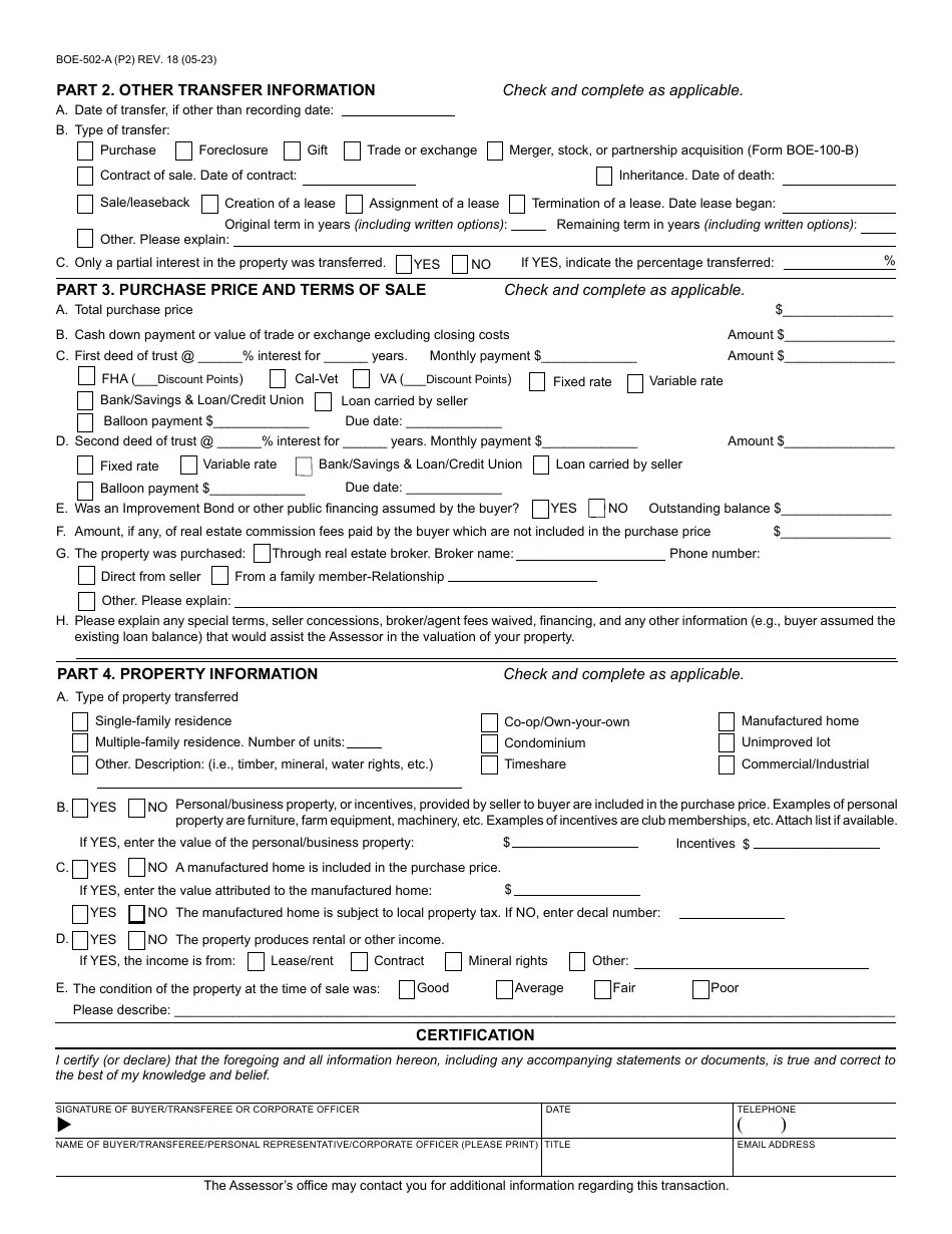 Form BOE502A Download Fillable PDF or Fill Online Preliminary Change