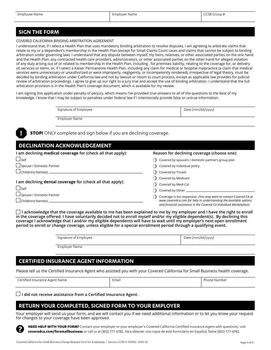 2024 California Change Request Form for Employees Covered California