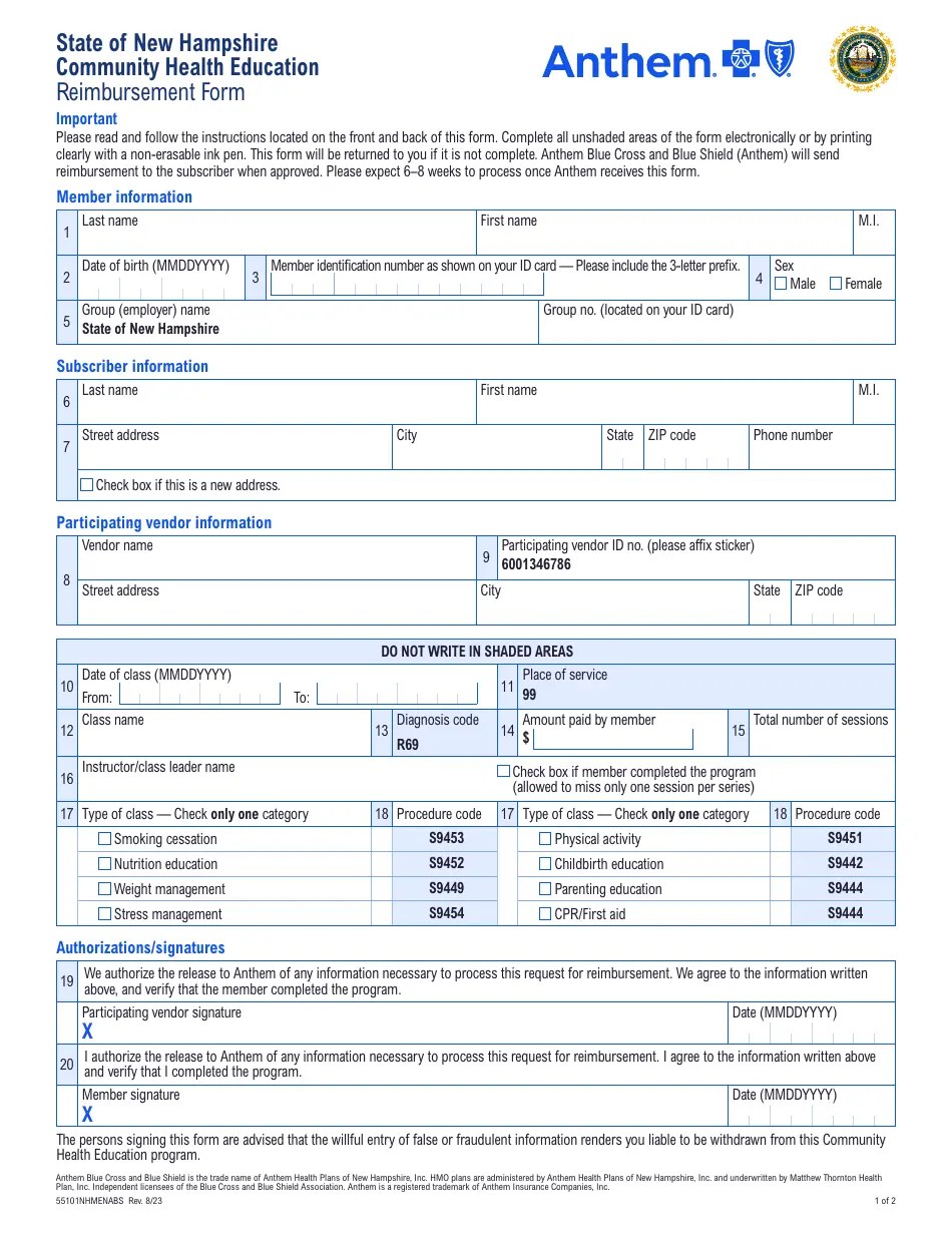 New Hampshire Reimbursement Form Community Health Education