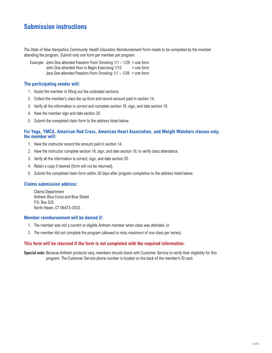 New Hampshire Reimbursement Form Community Health Education