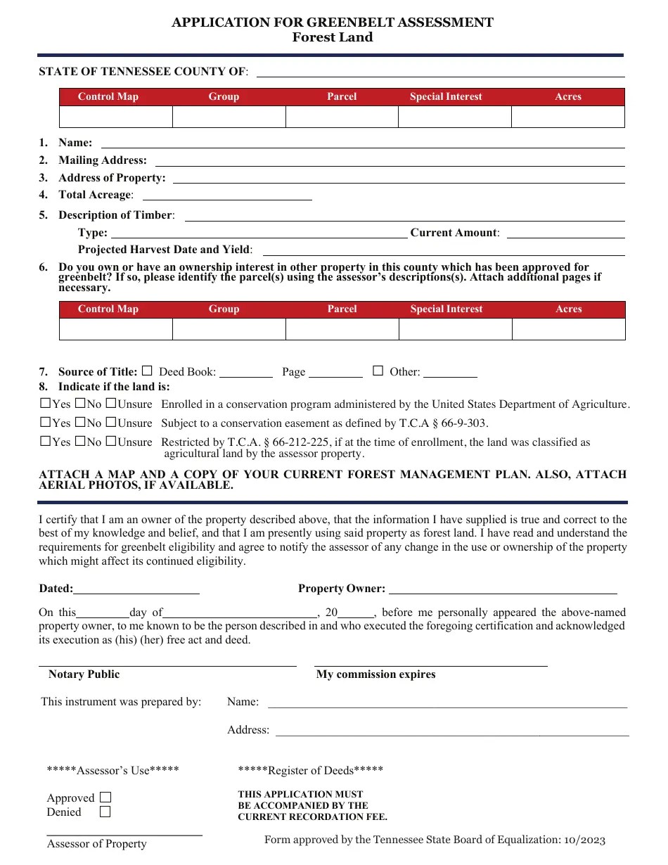 Tennessee Application for Greenbelt Assessment Forest Land Download Printable PDF Templateroller