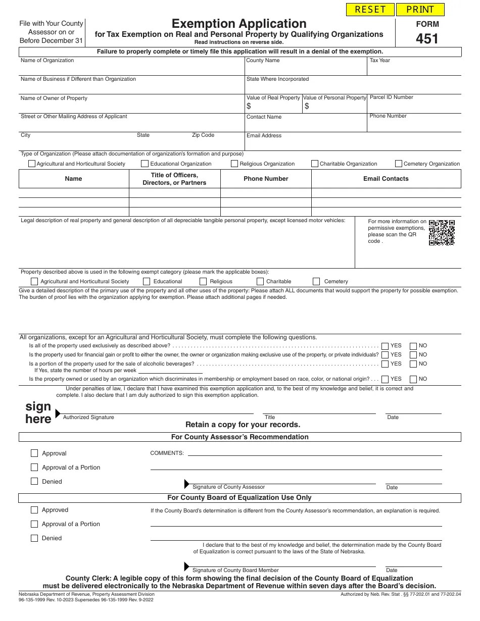Form 451 Download Fillable PDF or Fill Online Exemption Application for