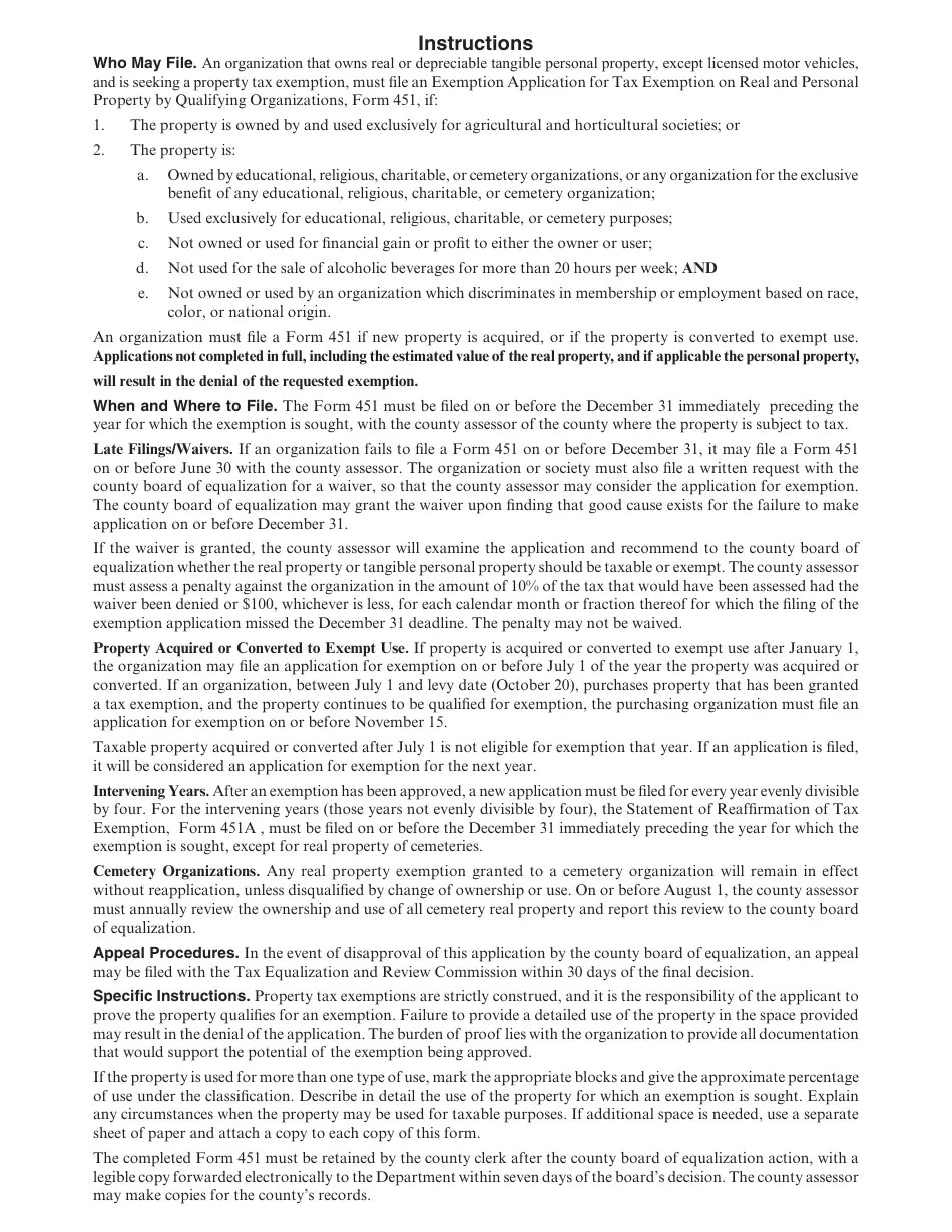 Form 451 Download Fillable PDF or Fill Online Exemption Application for