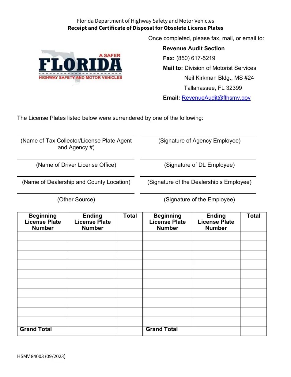 Form HSMV84003 Download Fillable PDF or Fill Online Receipt and