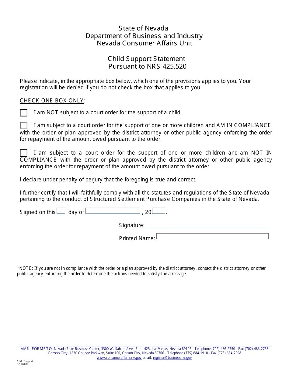 Nevada Child Support Statement Fill Out, Sign Online and Download PDF