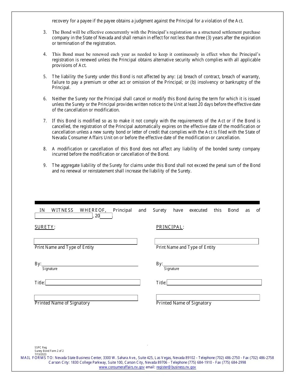 Nevada Structured Settlement Purchase Company Surety Bond Form Fill Out, Sign Online and