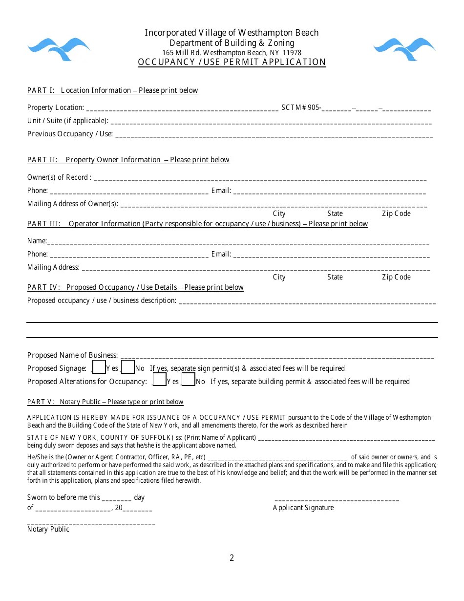 Village of Westhampton Beach, New York Occupancy/Use Permit Application