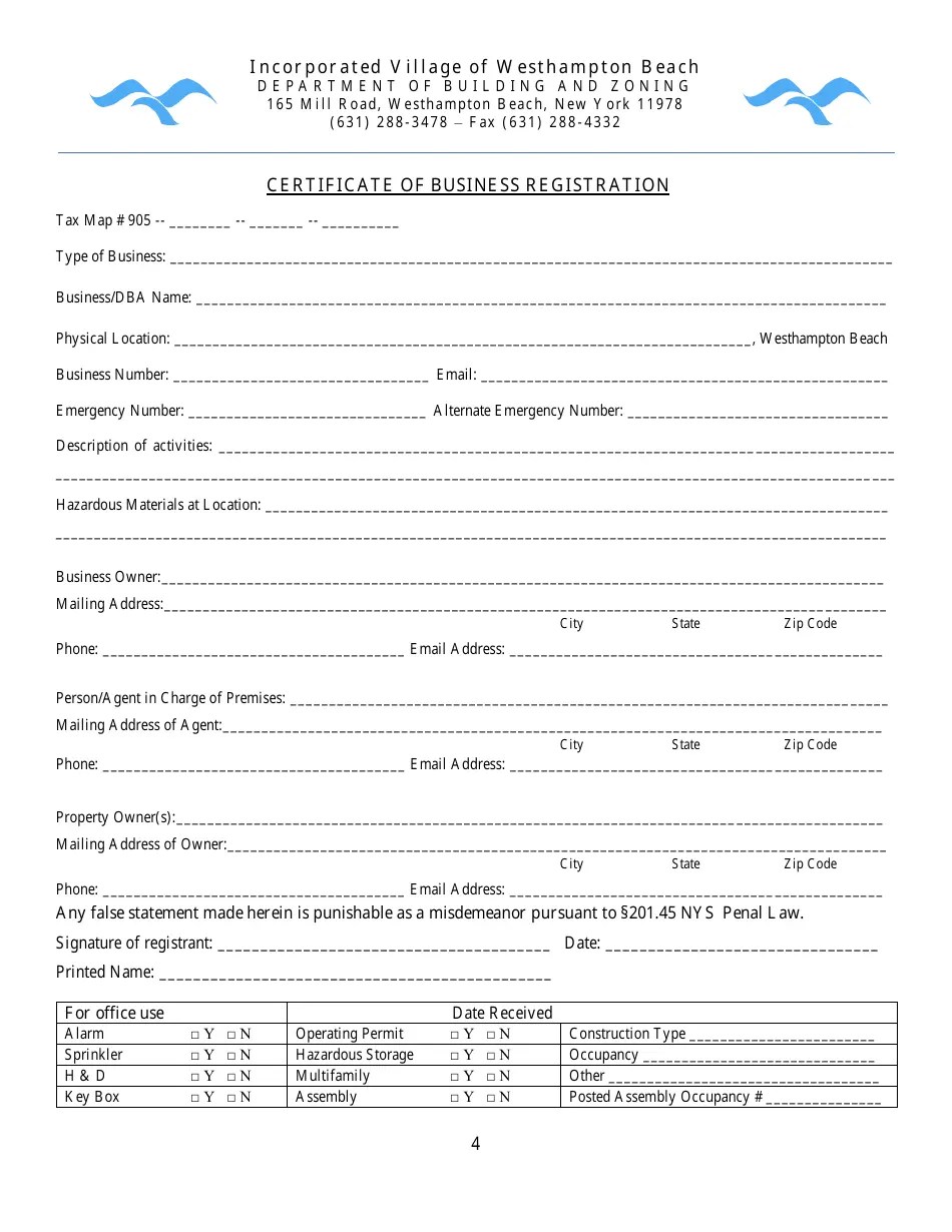 Village of Westhampton Beach, New York Occupancy/Use Permit Application