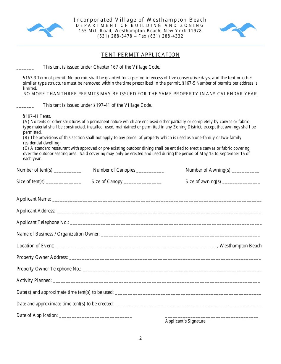 Village of Westhampton Beach, New York Tent Permit Application and Checklist Fill Out, Sign