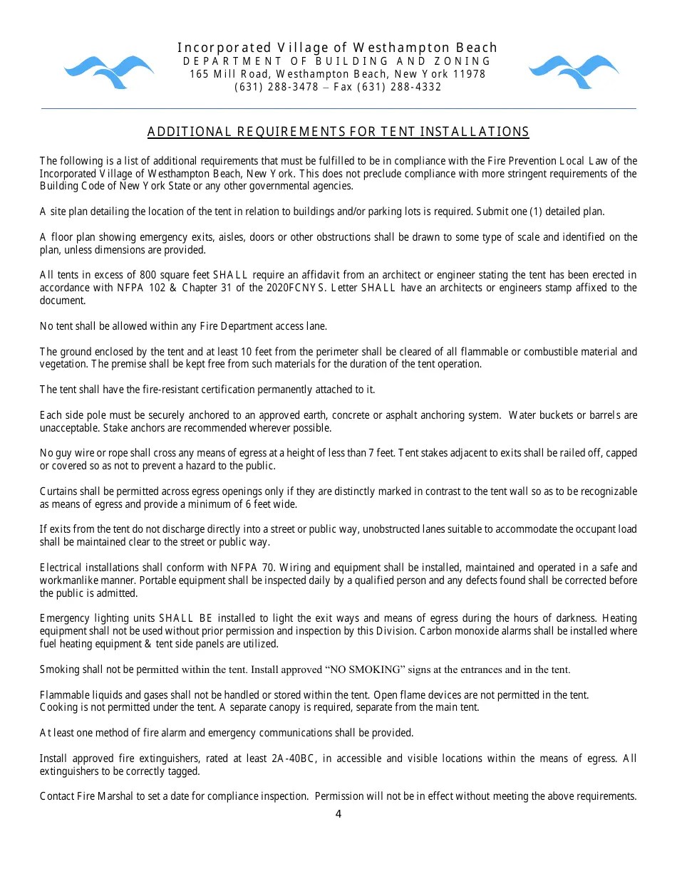 Village of Westhampton Beach, New York Tent Permit Application and