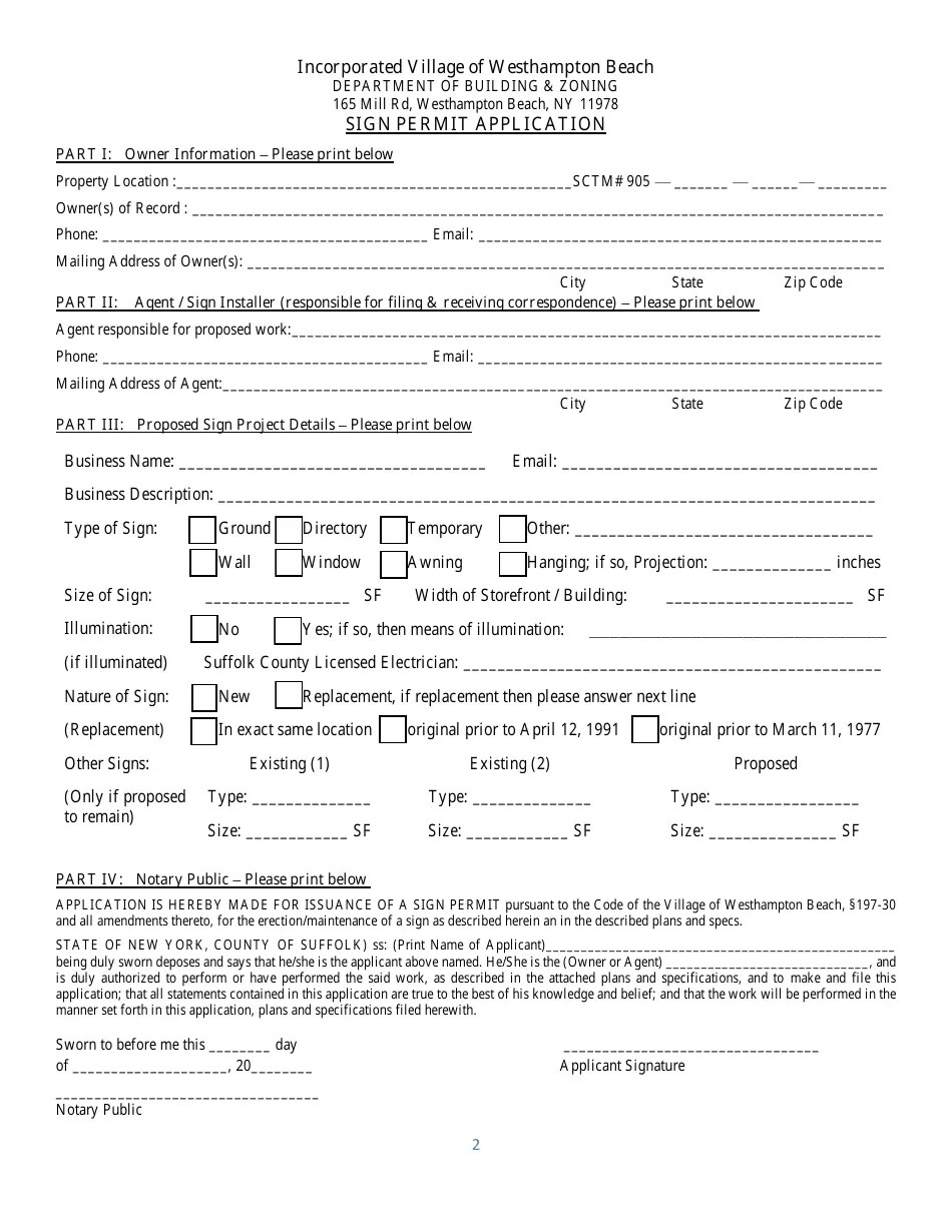 Village of Westhampton Beach, New York Sign Permit Application Fill