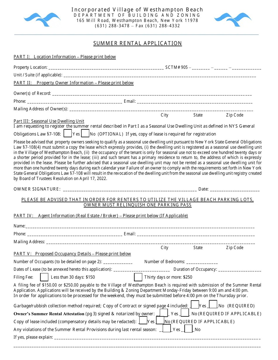 Village of Westhampton Beach, New York Summer Rental Application Fill