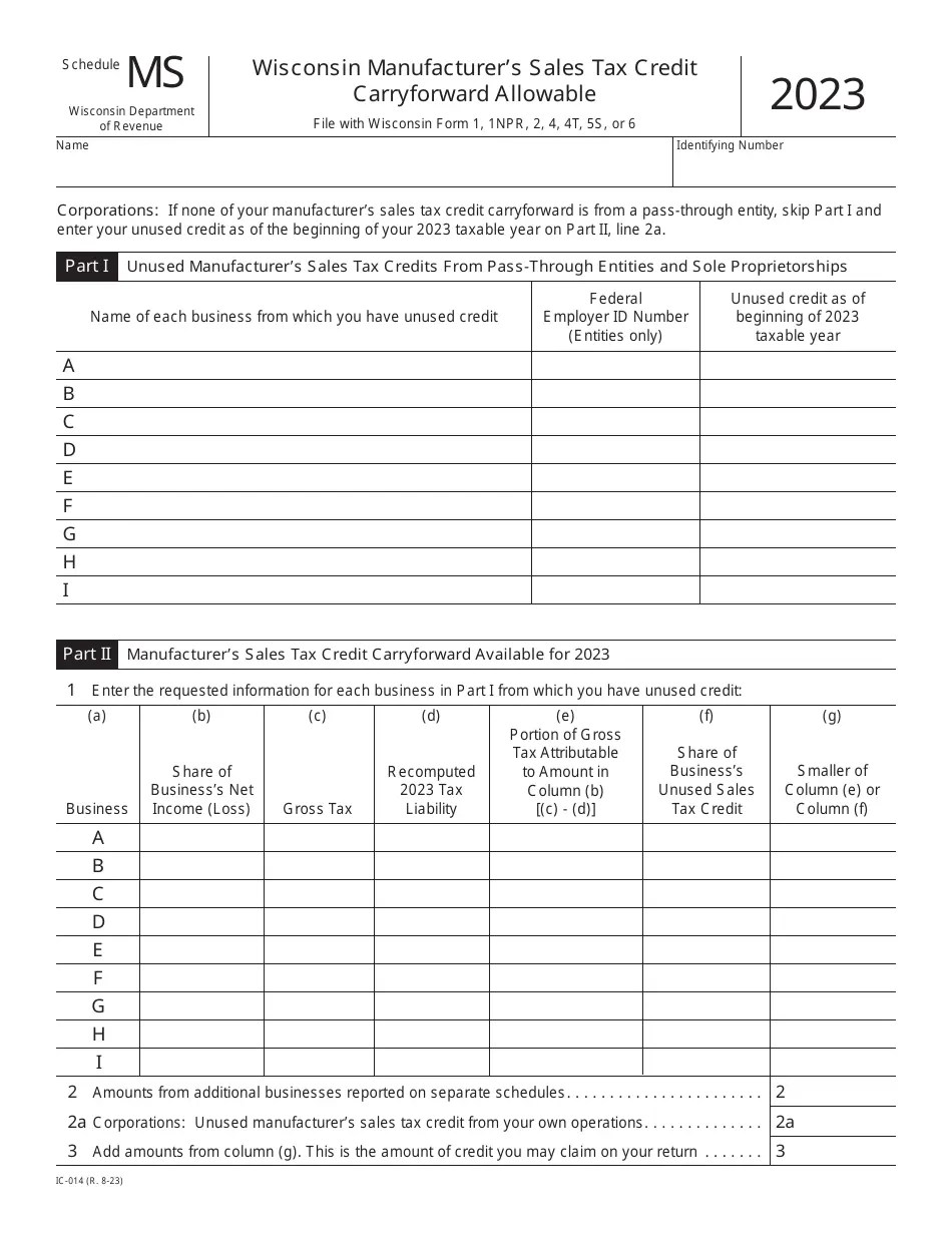 Form IC014 Schedule MS Download Printable PDF or Fill Online Wisconsin