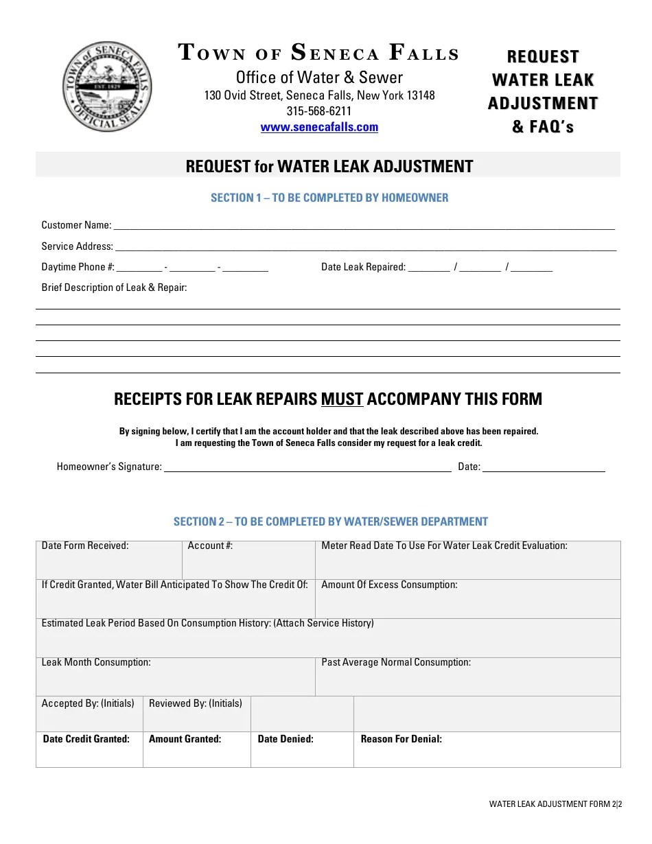 Town of Seneca Falls, New York Request for Water Leak Adjustment Fill